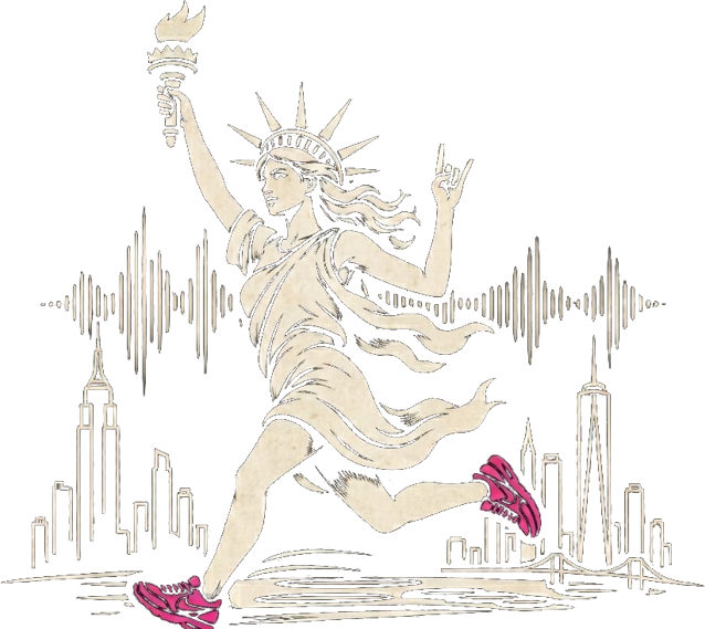 A running Statue of Liberty holding a torch, in pink running shoes, over a New York City skyline and an audio waveform.